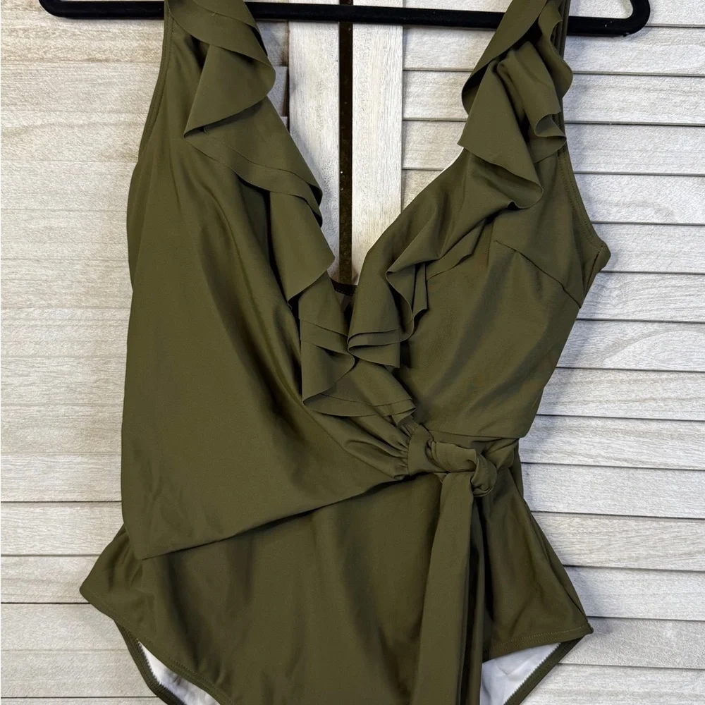 Olive Green Ruffle One Piece Swimsuit Size Large Tummy Control Beach Chic